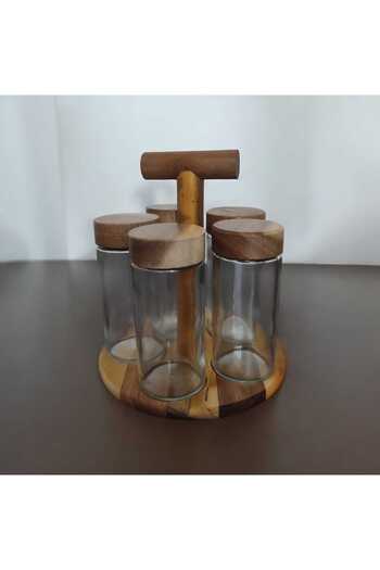 MİEN 5-Piece Acacia and Glass Spice Bowl Set - with Stand and Lid