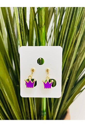1PARÇAMAVİ Pink Crown Clip Children's Earrings - Non-Perforated Compression Earrings