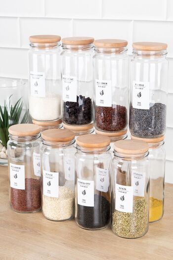DNS HOME 12-Piece Wooden Vacuum Lid Glass Spice Rack with Label Glass Jar Storage Container Spice Rack Set 500 ml