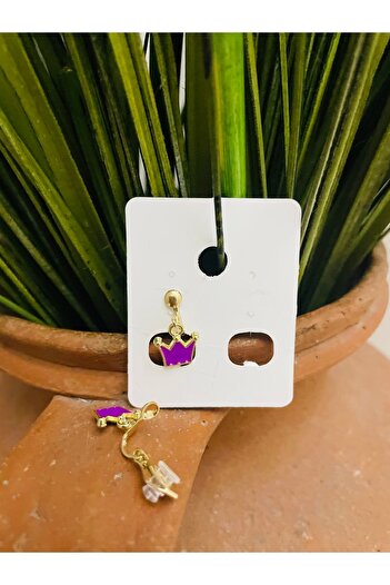 1PARÇAMAVİ Pink Crown Clip Children's Earrings - Non-Perforated Compression Earrings