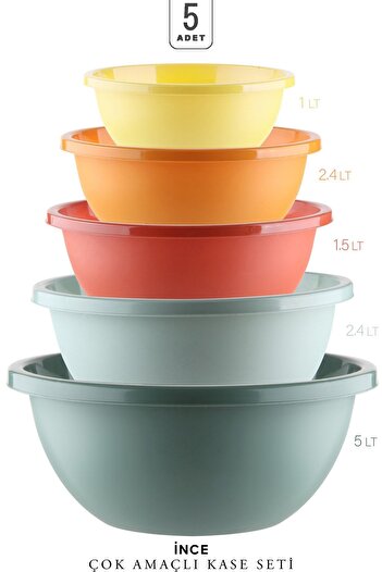 Kitchen Life 5'li Çok Amaçlı Neo Aura Yuvarlak Karıştırma Kasesi - (30+25+22+19+16,5cm) 5 Boy Badya Saklama Kabı
