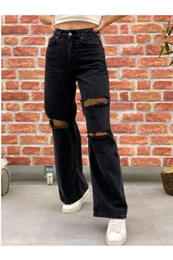 Ramrod Extra High A.c.a.i.p S.o.l.m.a.z Black Loose Ripped Jeans Palazzo Trousers (SUPER HIGH NON-FADE)