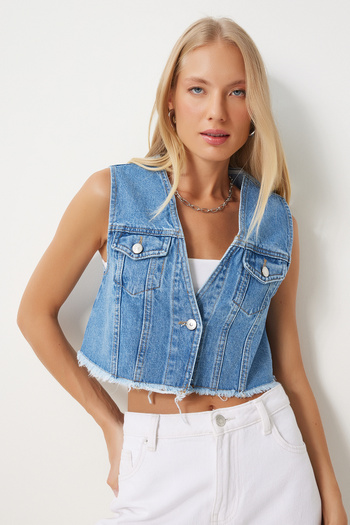 Happiness İstanbul Blue Crop Denim Vest - Women'S, with Pockets, Ok00063