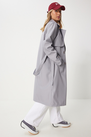 Happiness İstanbul Gray Draped Women's Long Trench Coat - Dd01334