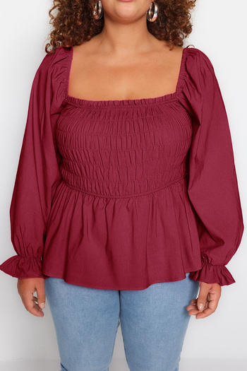 Trendyol Curve Plus Size Burgundy Elastic Woven Blouse - TBBSS23AF00035