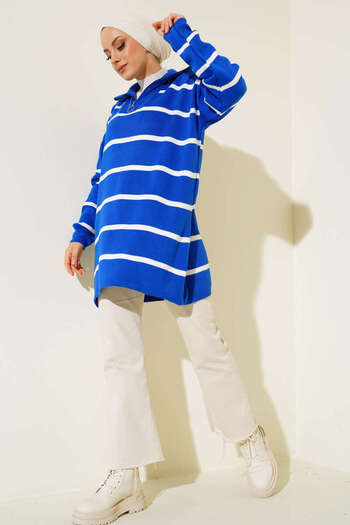 benguen Saks Blue Striped Collar Zippered Knitwear Tunic