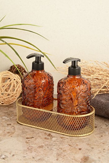 ANGDESİGN Angdesign Venus Glass Liquid Soap Dispenser 2-pack-μεταλλικό χρυσό σταντ-κεχριμπαρένιο