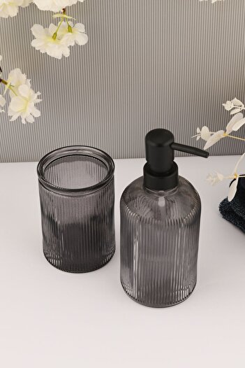 ANGDESİGN Mira Cam 2'li Banyo Seti-Cam Sıvı sabunluk ve Cam Diş Fırçalık FÜME