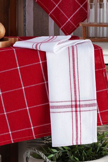 LADYNİL Set of 4 Kitchen Towels & German Napkin 50x70 Cm 100% Cotton And Washed Large Checkered Red