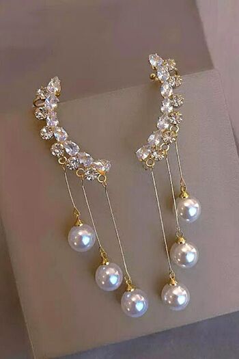 PETEK AKSESUAR Elegant Taşlı Incili Sallantılı Küpe