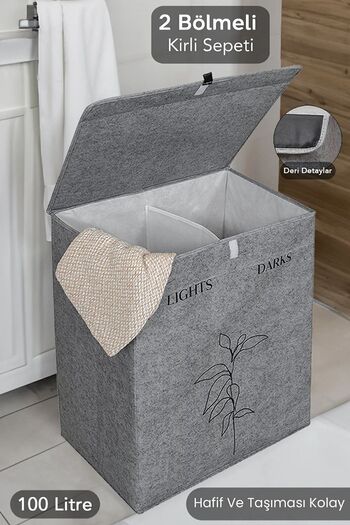 Nisahometeks Luxury 2-Compartment Felt Laundry Basket - With Felted Leather Detail, 53*33*60 cm