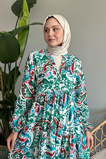 InStyle Renkli Şal Desen Zümrüt Viskon Elbise