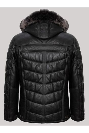 Derimont's Genuine Leather Collar with Fur Black Straight Line Detail Four Pocket Puffer Men's Leather Coat