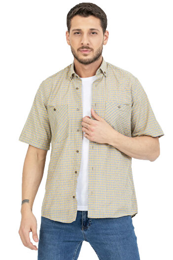Varetta Men's Mustard Color Double Pocket Short Sleeve Summer Cotton Checkered Shirt