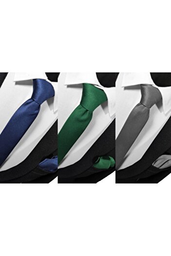 BLC Basic Line Co. Navy Blue Green Smoked - 4 cm Wide Plain Tie Handkerchief Set 3 Pack