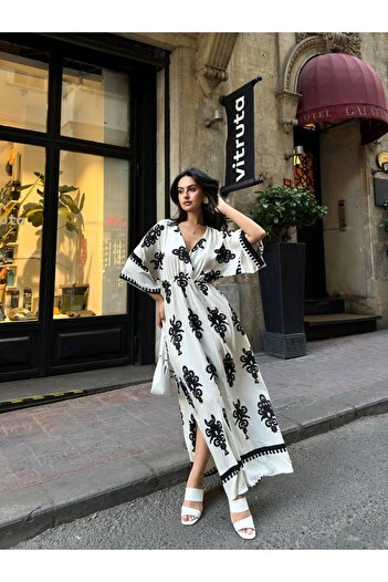 Lusin Ecru Double Breasted Collar Slit Long Women's Summer Dress