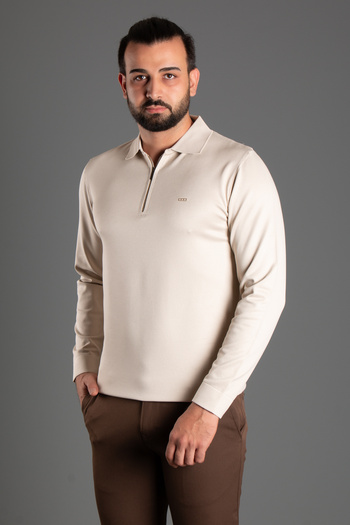 ZEKİ ÖZER Beige Polo Collar Zippered Men's Knitwear Sweater