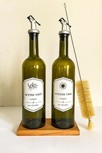 Wonwood Amber Glass Olive Oil with Wooden Stand - Sunflower Oil Bottle Flat Oil Pot - Baby Bottle/Bottle Cleaning Brush