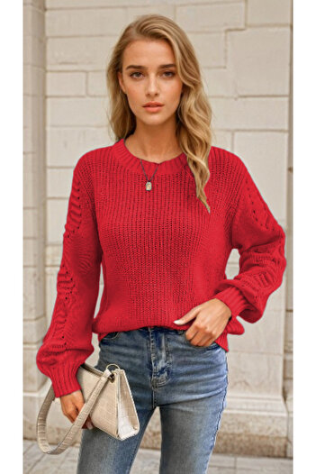 hanope Women's Balloon Sleeve Patterned Knitwear Knitted Red Sweater
