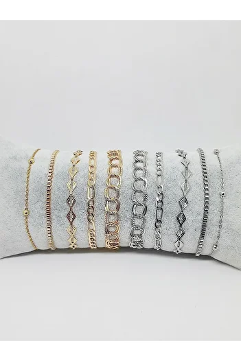 Kusakli Set of 10 Silver and 5 Gold Colored Chain Bracelets