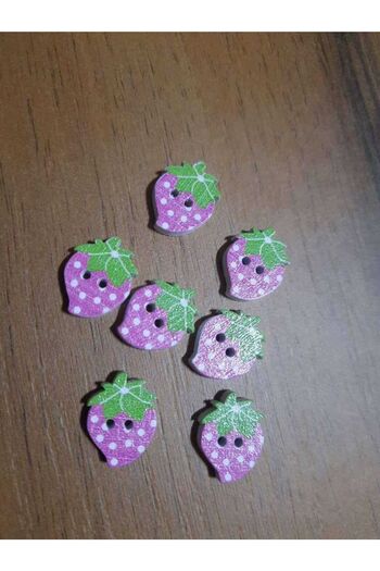 İMREN AKSESUAR Wooden Button 1.5 cm Strawberry Figured Two-Hole Pink Button 1 Pack 8 Pieces