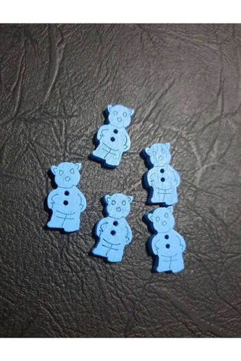 İMREN AKSESUAR Blue Wooden Button with 2 cm Bear Figure - 1 Pack of 8 Pieces