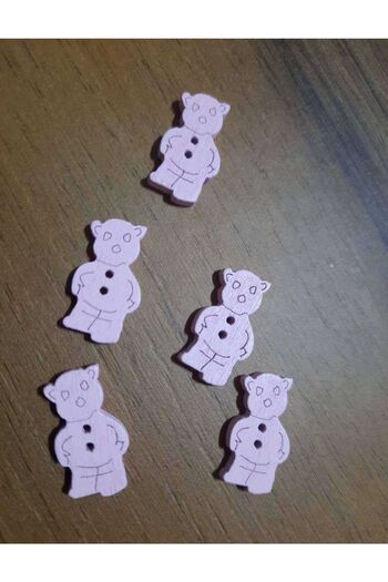 İMREN AKSESUAR Pink Button with 2 cm Bear Figure - Wood, Two Holes, 1 Pack 8 Pieces