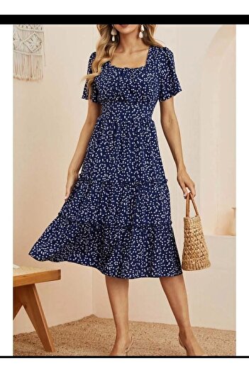 GENÇ MODA Rochie midi de vară din viscoză, cu decolteu pătrat, albastru bleumarin