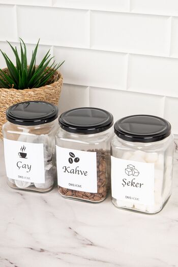 DNS HOME 3-Piece Black Metal Lid Labeled Tea Sugar Coffee Jar Square Glass Storage Container 720ml