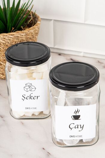 DNS HOME Set of 2 Black Metal Lid Tea Sugar Label Square Glass Storage Container Jar 720 ml