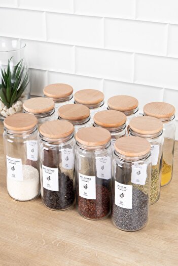 DNS HOME 12-Piece Wooden Vacuum Lid Glass Spice Rack with Label Glass Jar Storage Container Spice Rack Set 500 ml