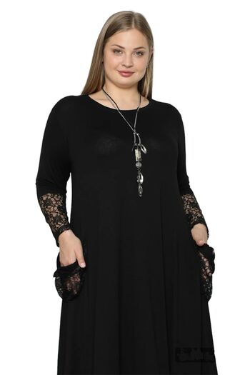 SCHIK Schık Women's Long Sleeve Dress with Pocket and Hem and Lace Detail Black SCKWM24EL01