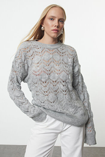 Trendyol Collection Crew Neck Gray Knitwear Sweater - Openwork/hole Twoaw25kz00339