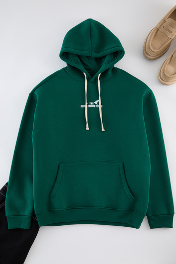 Trendyol Collection Μπλούζα από βαμβακερό φλις με κουκούλα Emerald Green Oversize - TMNAW24sw00136