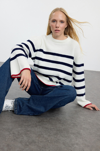 Trendyol Collection Wide Fit Ecru Striped Soft Knitwear Sweater - Twoaw25Kz00256