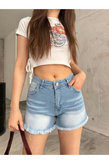 BİKELİFE High Waist Tassel Denim Shorts - Snow Wash Pale Effect, Five Pockets