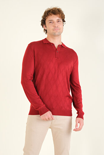 Giyim Dünyası Red Men's Polo Collar Diamond Patterned Mercerized Sweater