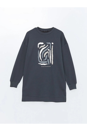 LC Waikiki Lcw Modest - Anthracite Oversize Women's Sweatshirt Tunic, Crew Neck and Printed