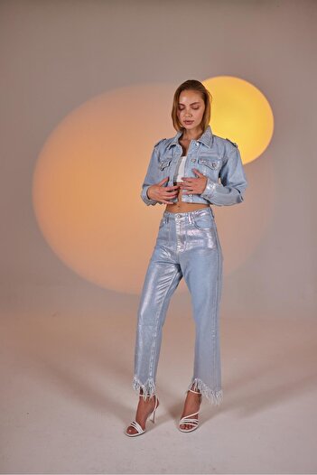 HOLLY LOLLY Özel Yapım Parlak Kaplamalı Glossy Jean Ceket Mavi