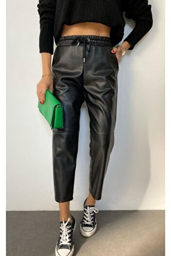 KEYYMOD Waist Lace Knee Seam Detail Leather Trousers