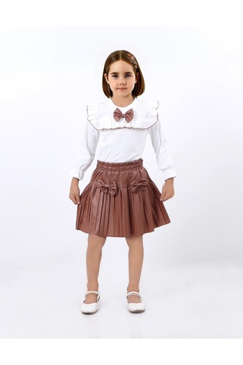 Kamex Girl's Brown Suit - Bow Leather Pleated Skirt