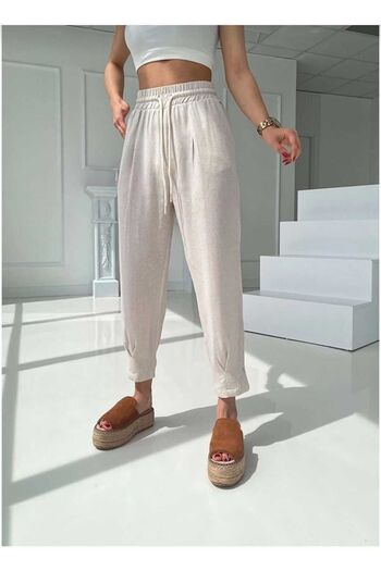 IŞILDA FASHION Dámské oděvní lněné kalhoty s elastickým pasem a plisovanými kalhotami