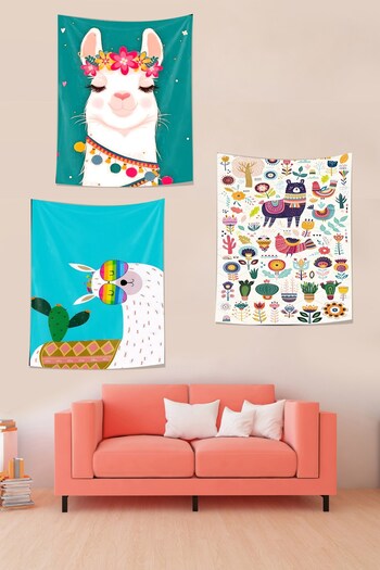 on the clouds Lama Colorful Fun Illustration Tapestry - Non-Slip Wall Cover, Set of 3