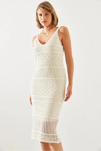 Bianco Lucci Openwork Lined Thin Strap Women's Knitwear Dress - 20246135