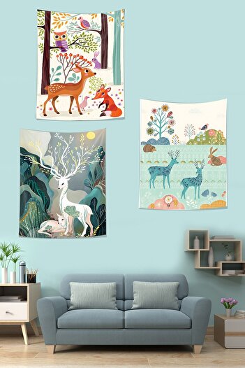on the clouds Cute Illustration Deers - Non-Slip Wall Tapestry Set of 3