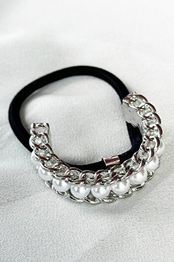 TAKIŞTIR Silver Color Metal Pearl Detailed Rubber Buckle