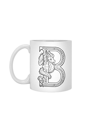 Fizello كوب أبيض على شكل حرف B Dragon Alphabet، هدية، مهر، حامل عرض