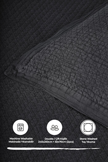 Evlen Home Collection 100% Cotton Double Pique Set Special Stone Washed Bedspread Luxury Soft Vitali Anthracite