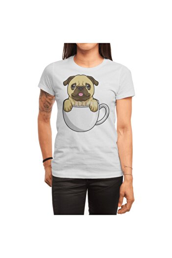 Fizello Чоловічий та жіночий білий футболка з мотивом мопса - Cup Of Coffee Design