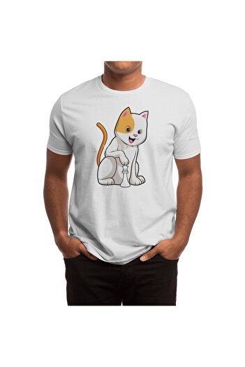 Fizello Чоловічий та жіночий білий футболка - Cat At Chess Queen Desenli, Unisex